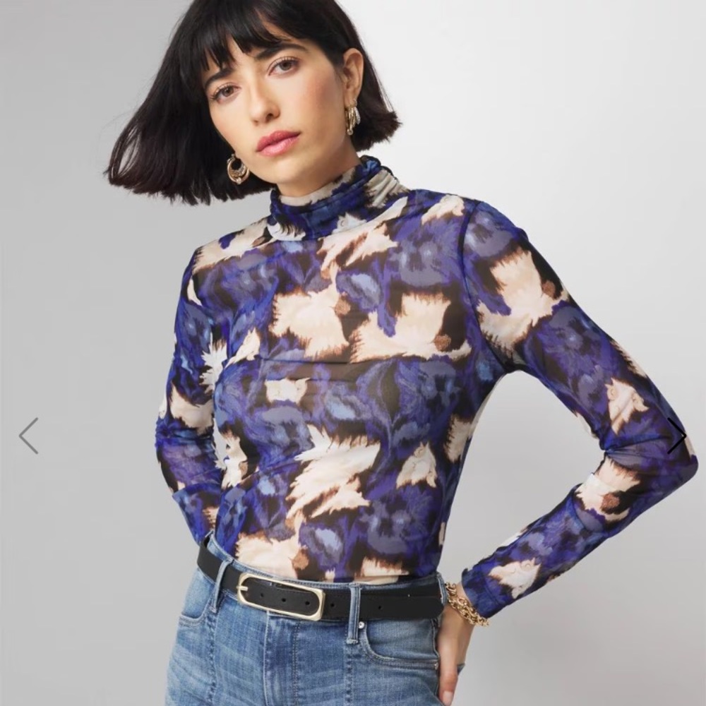 White House Black Market Long Sleeve Mesh Turtleneck Hazy Blooms Indigo
